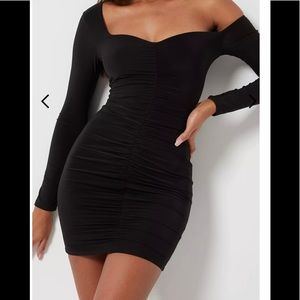 Black Slinky Off Shoulder Black Mini Dress